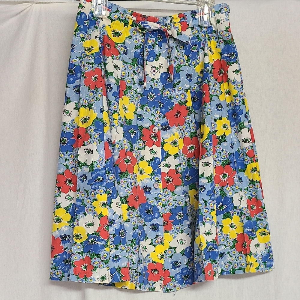 70s 80s Peter Popovitch Floral Pleated Drawstring Button Front A-line Midi Skirt